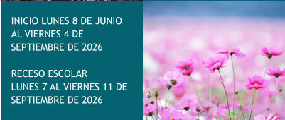 INICIO LUNES 8 DE JUNIO AL VIERNES 4 DE SEPTIEMBRE DE 2026  RECESO ESCOLAR  LUNES 7 AL VIERNES 11 DE SEPTIEMBRE DE 2026